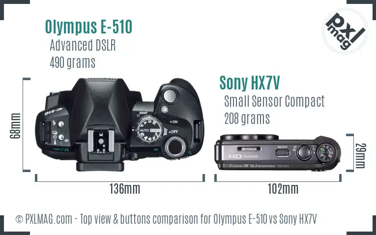Olympus E-510 vs Sony HX7V top view buttons comparison