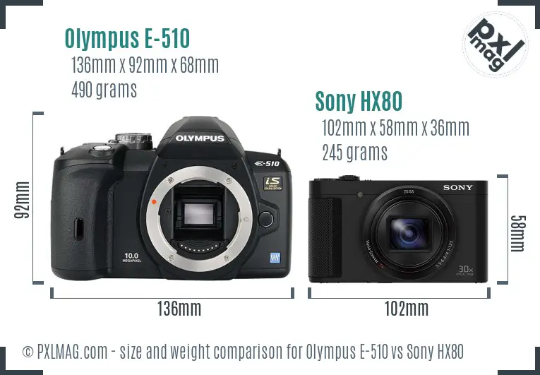 Olympus E-510 vs Sony HX80 size comparison