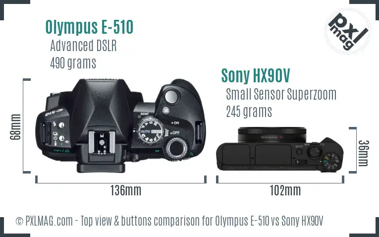 Olympus E-510 vs Sony HX90V top view buttons comparison