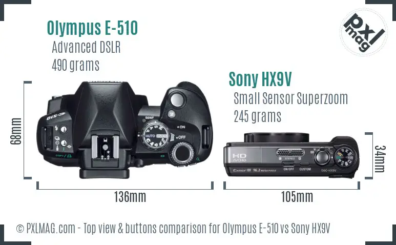 Olympus E-510 vs Sony HX9V top view buttons comparison