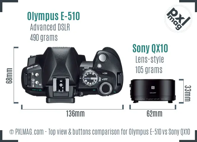 Olympus E-510 vs Sony QX10 top view buttons comparison