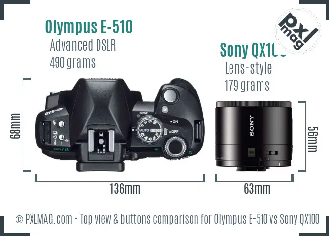 Olympus E-510 vs Sony QX100 top view buttons comparison Olympus E-510 vs Sony QX100 top view buttons comparison