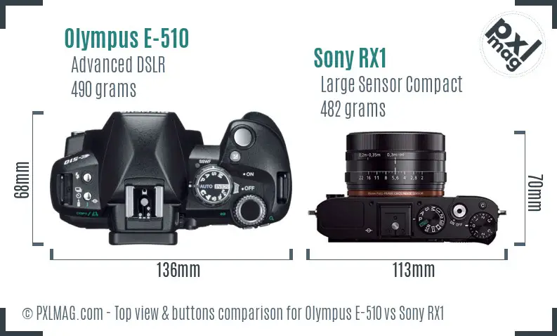 Olympus E-510 vs Sony RX1 top view buttons comparison