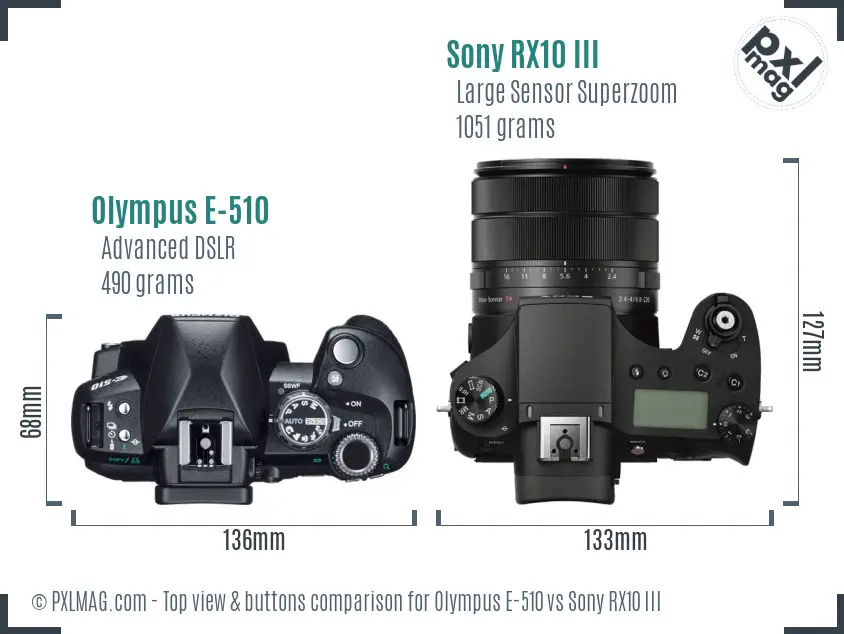 Olympus E-510 vs Sony RX10 III top view buttons comparison