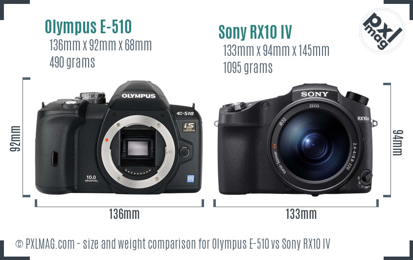 Olympus E-510 vs Sony RX10 IV size comparison