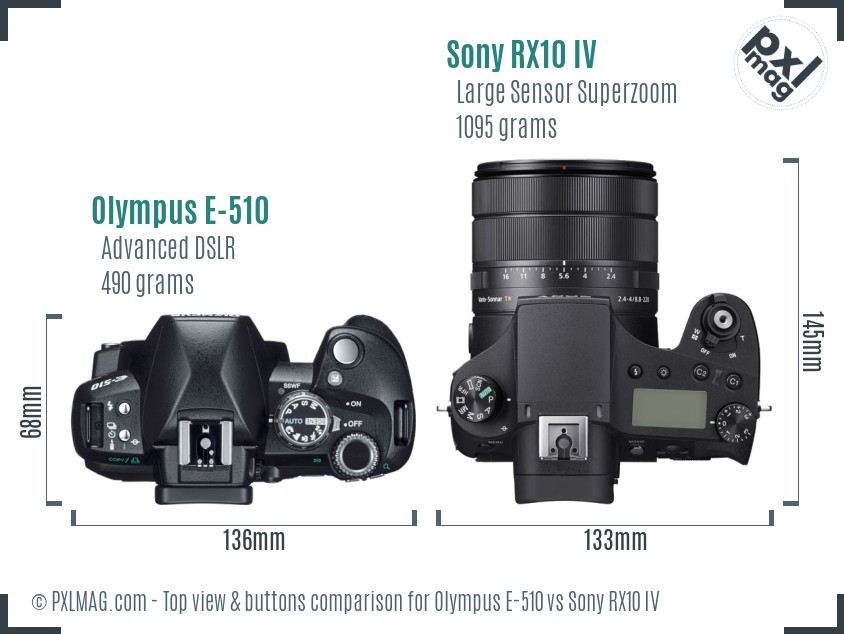 Olympus E-510 vs Sony RX10 IV top view buttons comparison