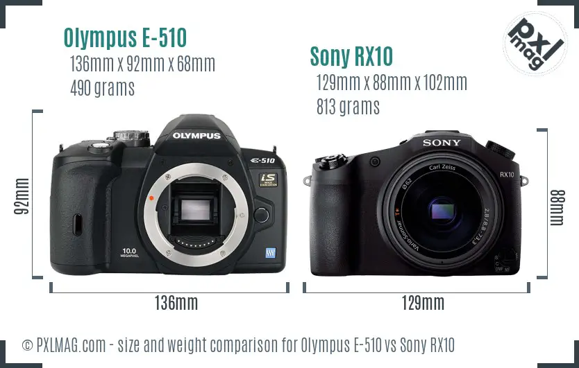 Olympus E-510 vs Sony RX10 size comparison