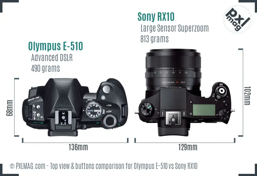 Olympus E-510 vs Sony RX10 top view buttons comparison