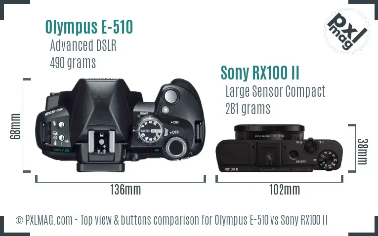 Olympus E-510 vs Sony RX100 II top view buttons comparison