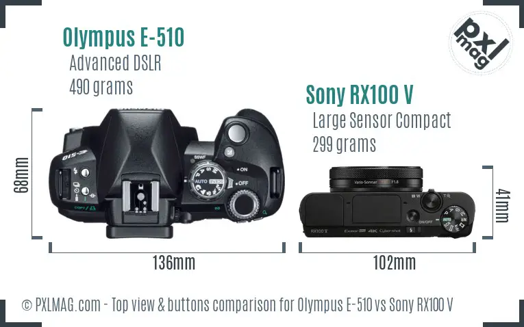 Olympus E-510 vs Sony RX100 V top view buttons comparison