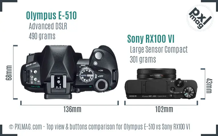 Olympus E-510 vs Sony RX100 VI top view buttons comparison Olympus E-510 vs Sony RX100 VI top view buttons comparison