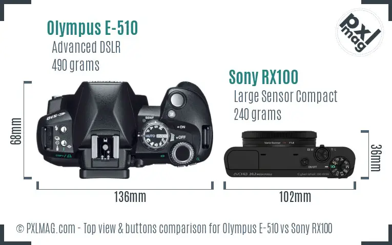 Olympus E-510 vs Sony RX100 top view buttons comparison