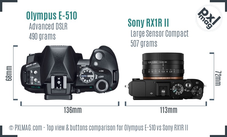 Olympus E-510 vs Sony RX1R II top view buttons comparison