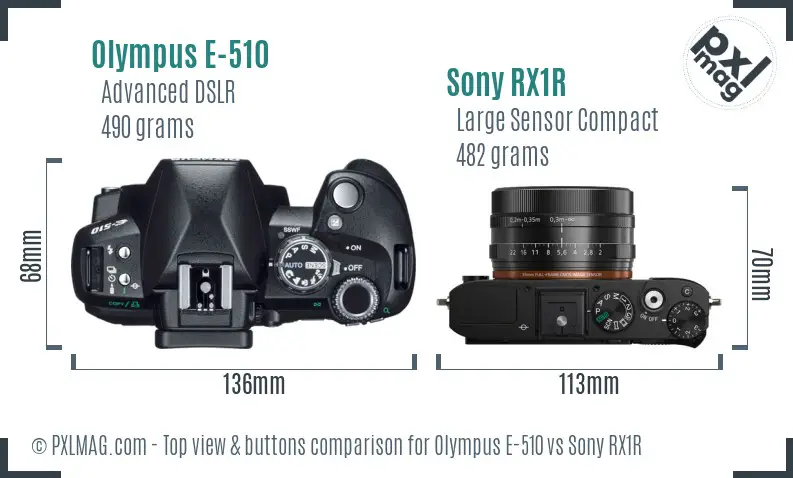Olympus E-510 vs Sony RX1R top view buttons comparison
