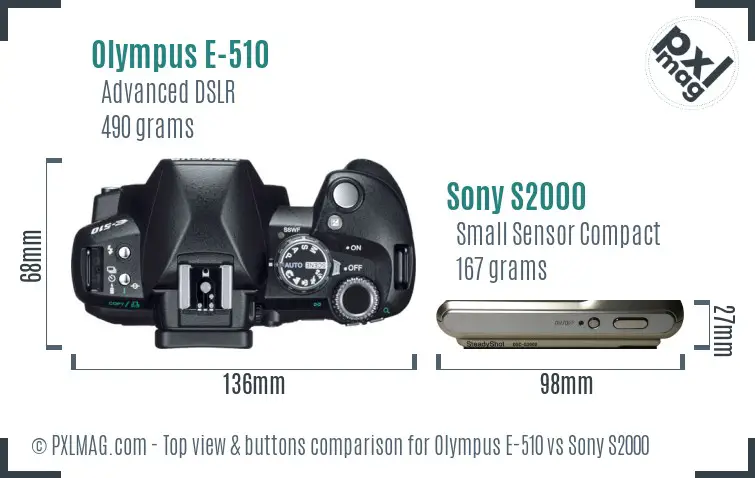 Olympus E-510 vs Sony S2000 top view buttons comparison Olympus E-510 vs Sony S2000 top view buttons comparison