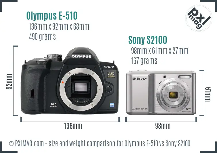 Olympus E-510 vs Sony S2100 size comparison Olympus E-510 vs Sony S2100 size comparison