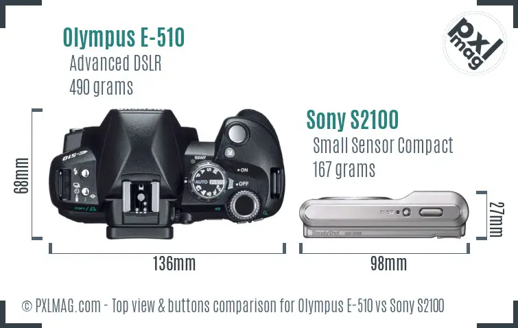 Olympus E-510 vs Sony S2100 top view buttons comparison Olympus E-510 vs Sony S2100 top view buttons comparison