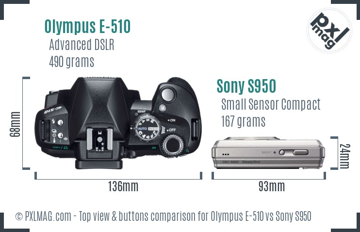 Olympus E-510 vs Sony S950 top view buttons comparison