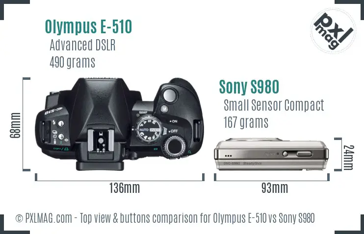 Olympus E-510 vs Sony S980 top view buttons comparison