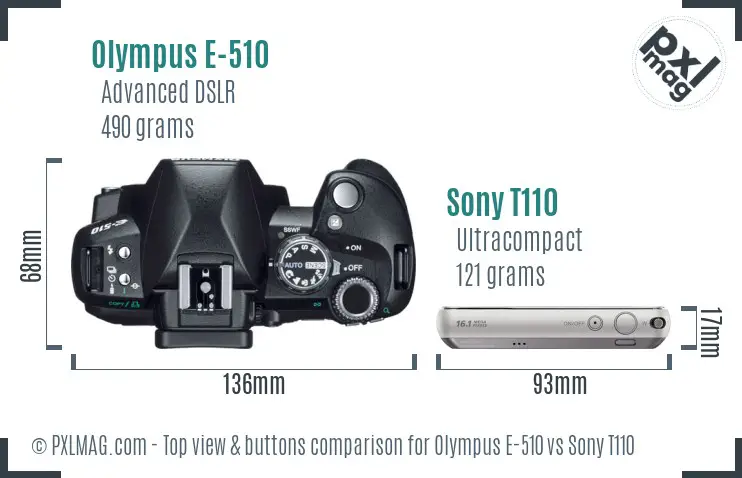 Olympus E-510 vs Sony T110 top view buttons comparison