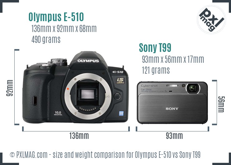 Olympus E-510 vs Sony T99 size comparison