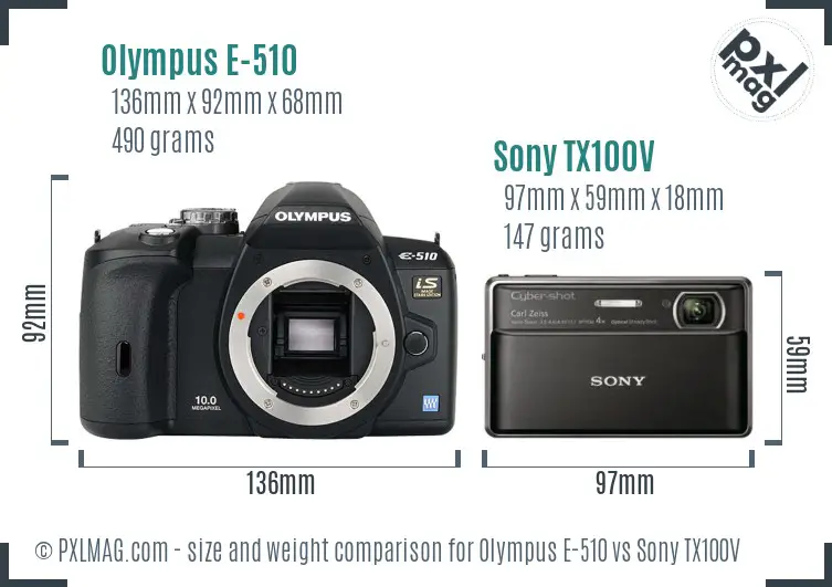 Olympus E-510 vs Sony TX100V size comparison Olympus E-510 vs Sony TX100V size comparison