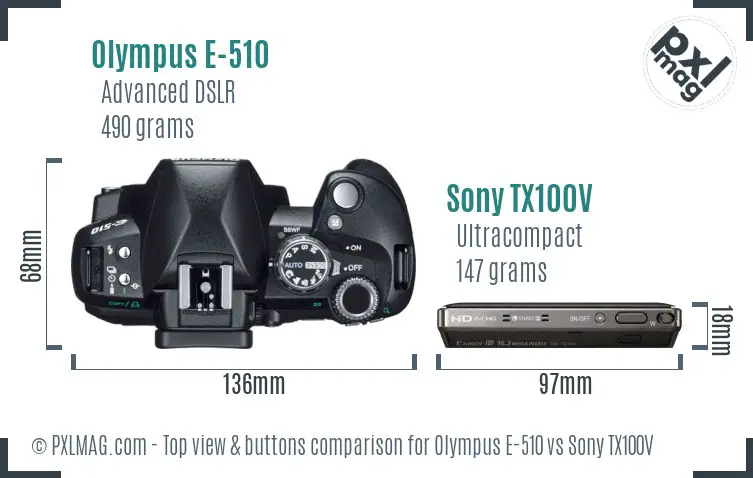 Olympus E-510 vs Sony TX100V top view buttons comparison Olympus E-510 vs Sony TX100V top view buttons comparison