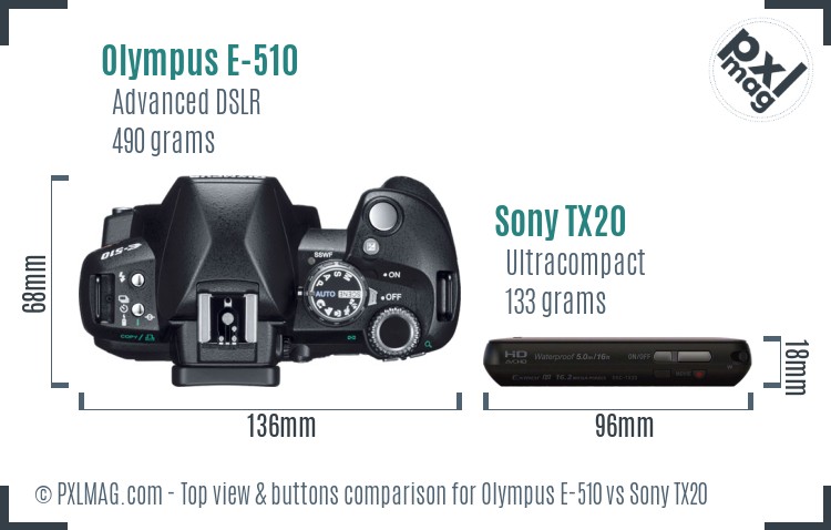 Olympus E-510 vs Sony TX20 top view buttons comparison