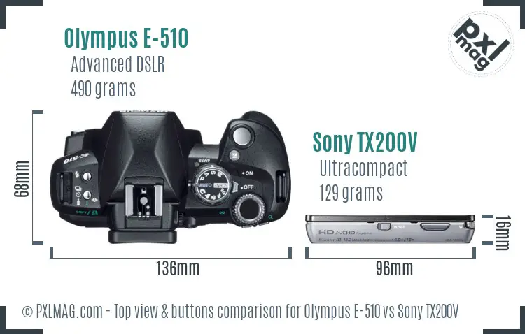 Olympus E-510 vs Sony TX200V top view buttons comparison