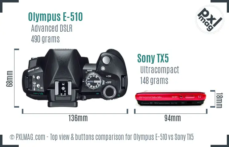 Olympus E-510 vs Sony TX5 top view buttons comparison