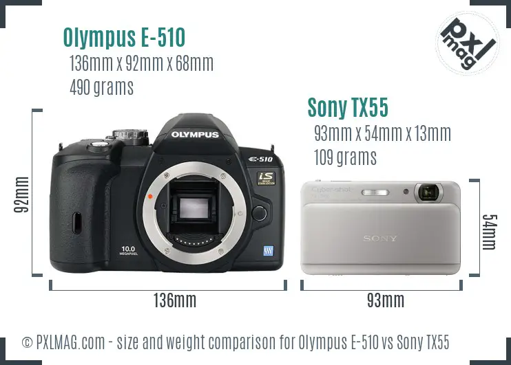 Olympus E-510 vs Sony TX55 size comparison Olympus E-510 vs Sony TX55 size comparison