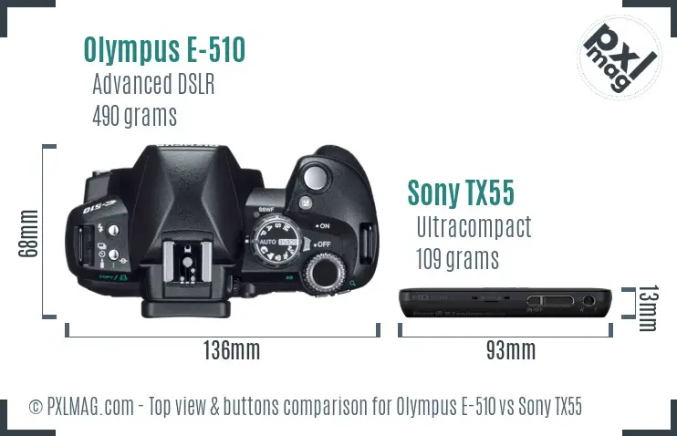 Olympus E-510 vs Sony TX55 top view buttons comparison Olympus E-510 vs Sony TX55 top view buttons comparison
