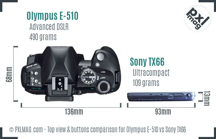 Olympus E-510 vs Sony TX66 top view buttons comparison