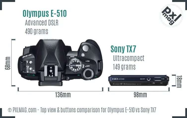 Olympus E-510 vs Sony TX7 top view buttons comparison Olympus E-510 vs Sony TX7 top view buttons comparison