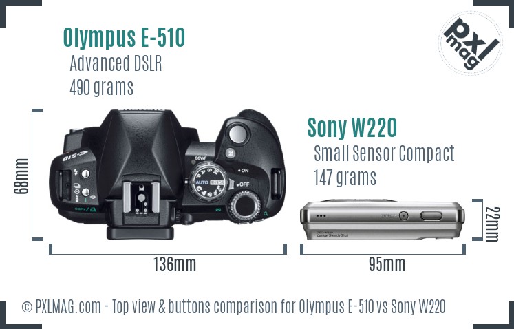 Olympus E-510 vs Sony W220 top view buttons comparison