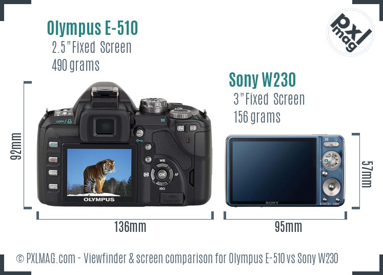 Olympus E-510 vs Sony W230 Screen and Viewfinder comparison