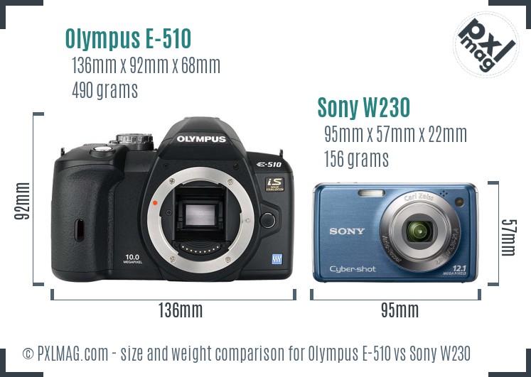 Olympus E-510 vs Sony W230 size comparison