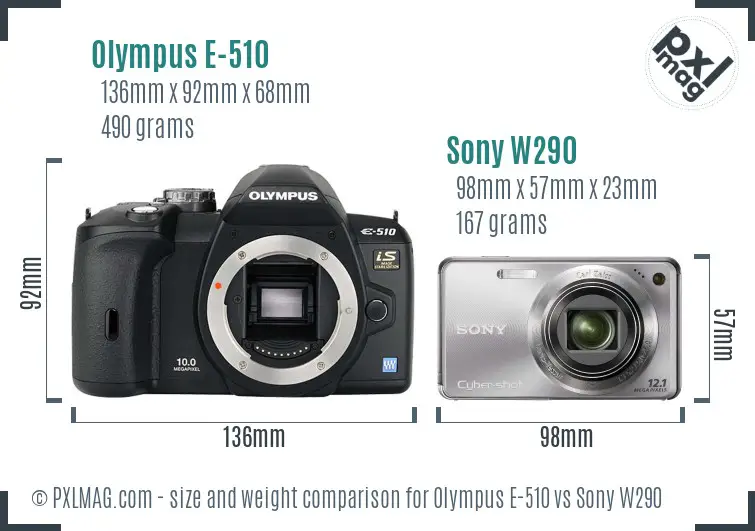 Olympus E-510 vs Sony W290 size comparison