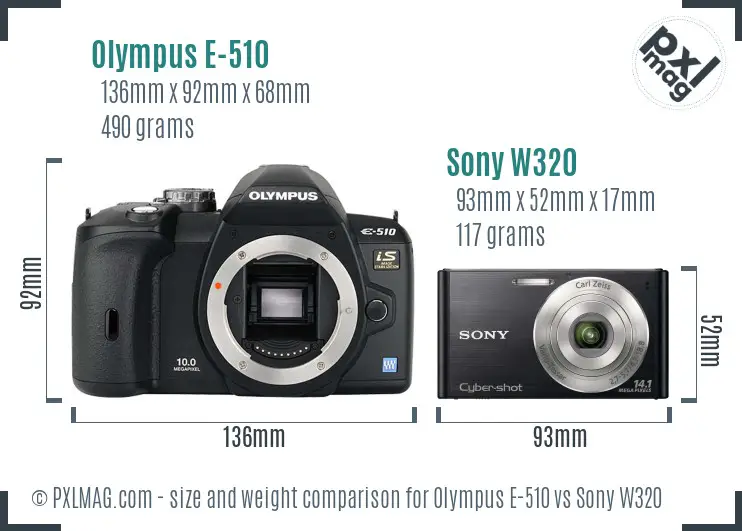 Olympus E-510 vs Sony W320 size comparison