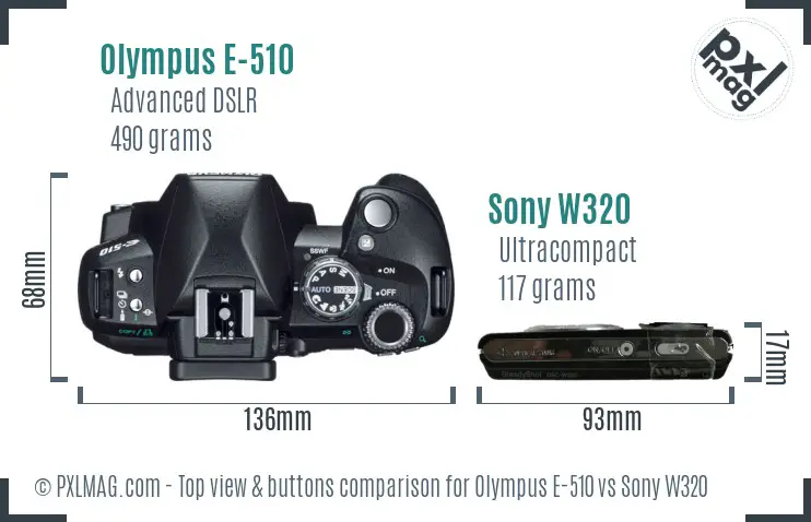 Olympus E-510 vs Sony W320 top view buttons comparison