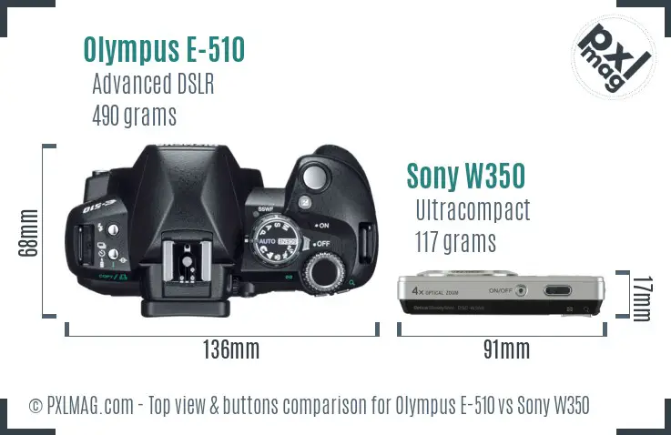 Olympus E-510 vs Sony W350 top view buttons comparison