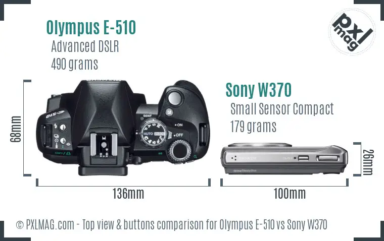 Olympus E-510 vs Sony W370 top view buttons comparison