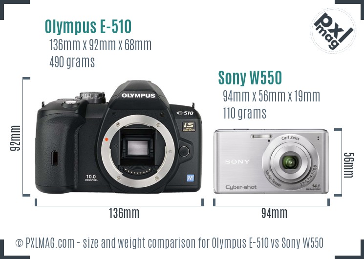 Olympus E-510 vs Sony W550 size comparison