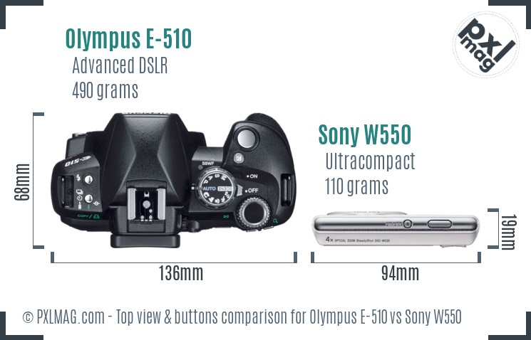 Olympus E-510 vs Sony W550 top view buttons comparison