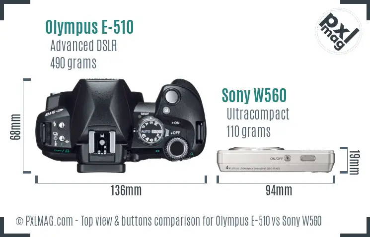 Olympus E-510 vs Sony W560 top view buttons comparison