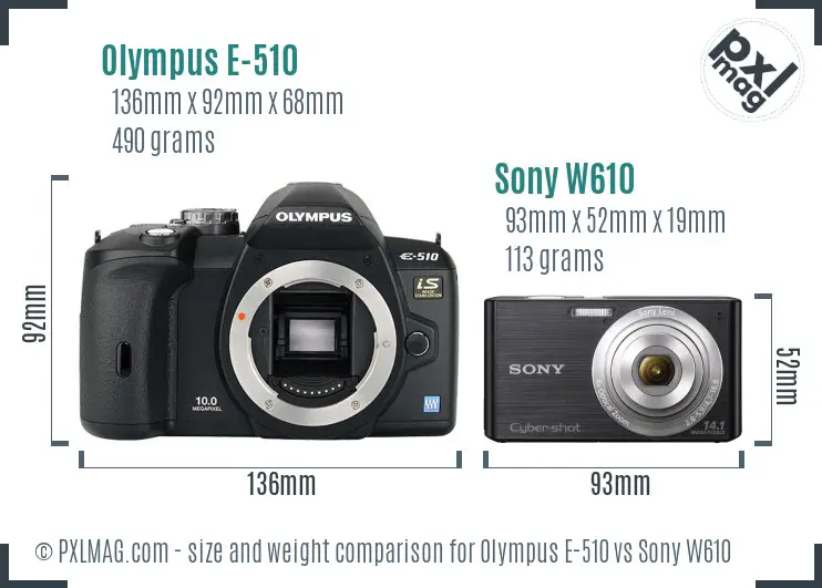 Olympus E-510 vs Sony W610 size comparison