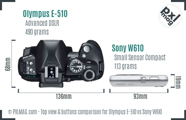 Olympus E-510 vs Sony W610 top view buttons comparison