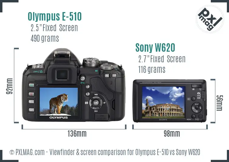 Olympus E-510 vs Sony W620 Screen and Viewfinder comparison