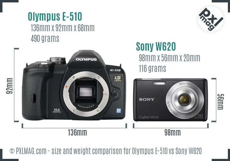 Olympus E-510 vs Sony W620 size comparison