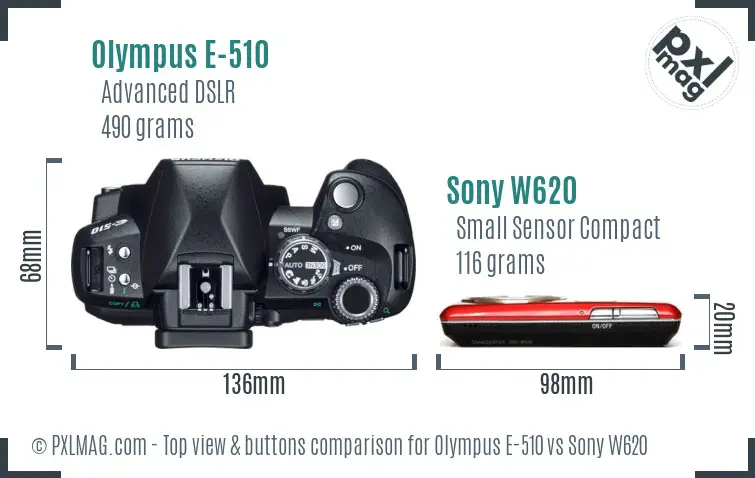 Olympus E-510 vs Sony W620 top view buttons comparison